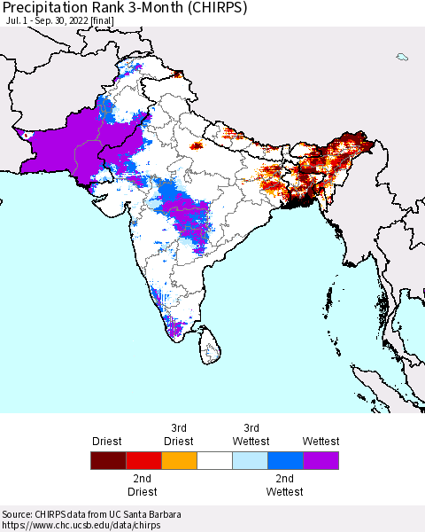 Southern Asia Precipitation Rank since 1981, 3-Month (CHIRPS) Thematic Map For 7/1/2022 - 9/30/2022