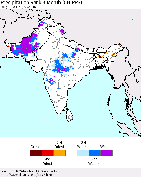 Southern Asia Precipitation Rank since 1981, 3-Month (CHIRPS) Thematic Map For 8/1/2022 - 10/31/2022