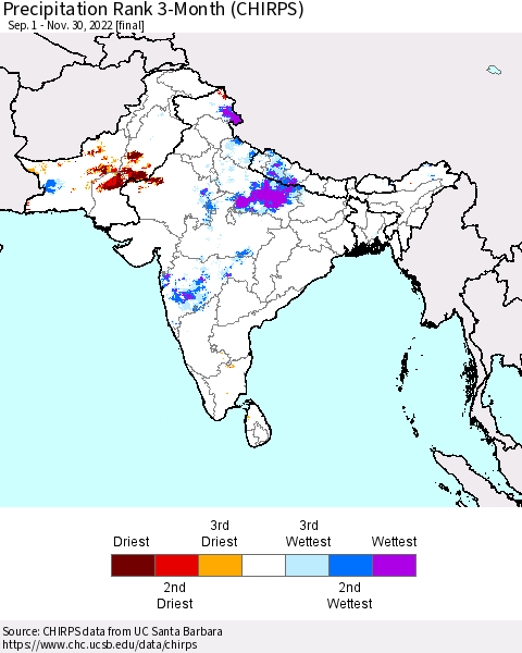 Southern Asia Precipitation Rank since 1981, 3-Month (CHIRPS) Thematic Map For 9/1/2022 - 11/30/2022