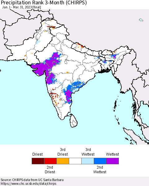 Southern Asia Precipitation Rank since 1981, 3-Month (CHIRPS) Thematic Map For 1/1/2023 - 3/31/2023