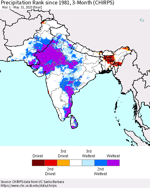 Southern Asia Precipitation Rank since 1981, 3-Month (CHIRPS) Thematic Map For 3/1/2023 - 5/31/2023