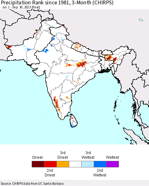 Southern Asia Precipitation Rank since 1981, 3-Month (CHIRPS) Thematic Map For 7/1/2023 - 9/30/2023