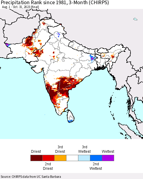 Southern Asia Precipitation Rank since 1981, 3-Month (CHIRPS) Thematic Map For 8/1/2023 - 10/31/2023