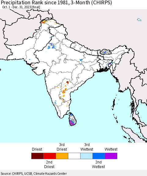 Southern Asia Precipitation Rank since 1981, 3-Month (CHIRPS) Thematic Map For 10/1/2023 - 12/31/2023