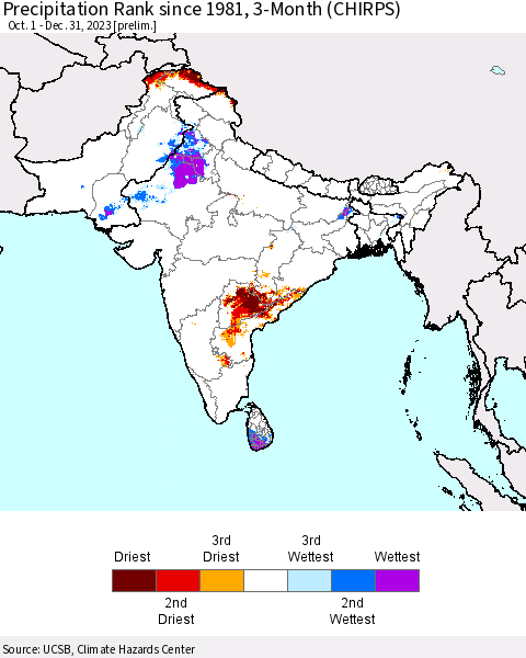 Southern Asia Precipitation Rank since 1981, 3-Month (CHIRPS) Thematic Map For 10/1/2023 - 12/31/2023