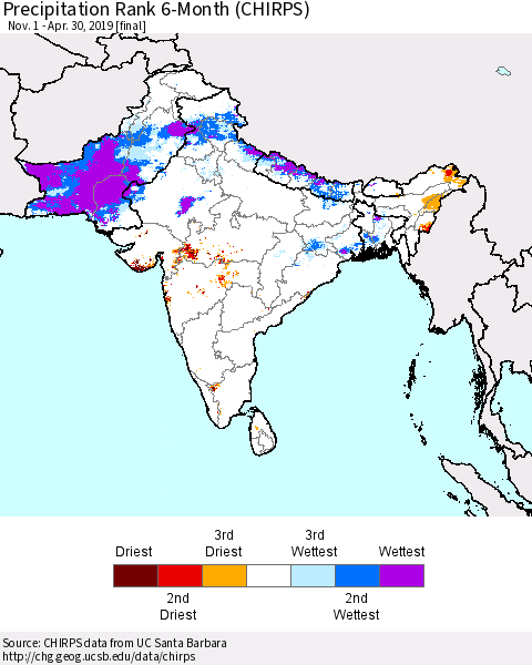 Southern Asia Precipitation Rank 6-Month (CHIRPS) Thematic Map For 11/1/2018 - 4/30/2019
