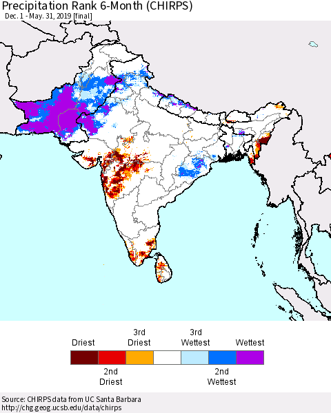 Southern Asia Precipitation Rank since 1981, 6-Month (CHIRPS) Thematic Map For 12/1/2018 - 5/31/2019