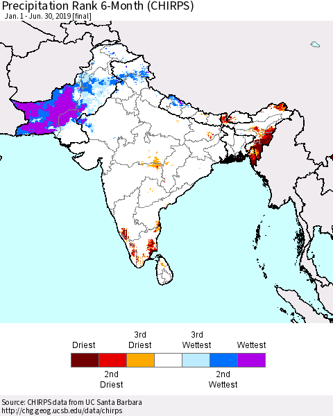 Southern Asia Precipitation Rank 6-Month (CHIRPS) Thematic Map For 1/1/2019 - 6/30/2019