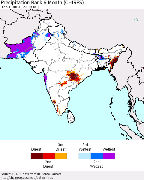 Southern Asia Precipitation Rank since 1981, 6-Month (CHIRPS) Thematic Map For 2/1/2019 - 7/31/2019