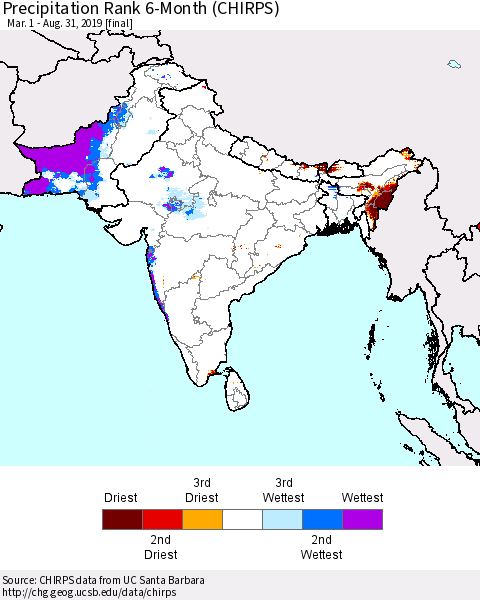 Southern Asia Precipitation Rank 6-Month (CHIRPS) Thematic Map For 3/1/2019 - 8/31/2019