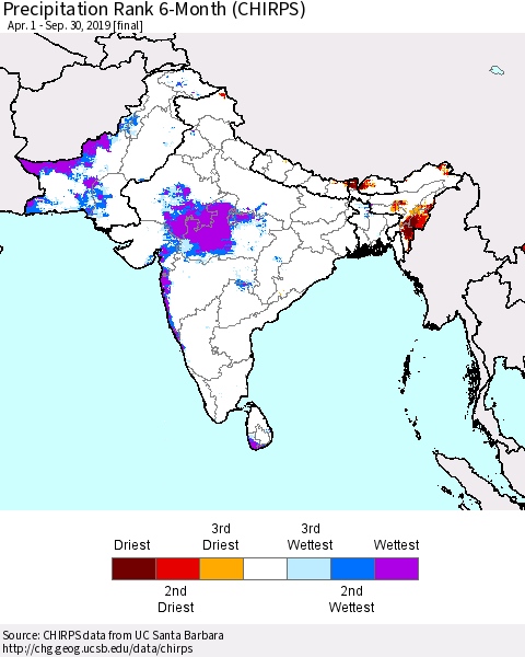 Southern Asia Precipitation Rank since 1981, 6-Month (CHIRPS) Thematic Map For 4/1/2019 - 9/30/2019