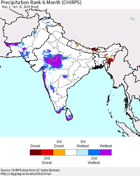 Southern Asia Precipitation Rank since 1981, 6-Month (CHIRPS) Thematic Map For 5/1/2019 - 10/31/2019