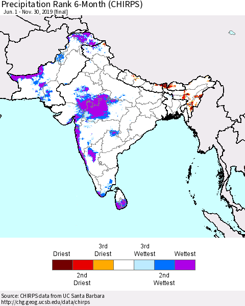 Southern Asia Precipitation Rank since 1981, 6-Month (CHIRPS) Thematic Map For 6/1/2019 - 11/30/2019