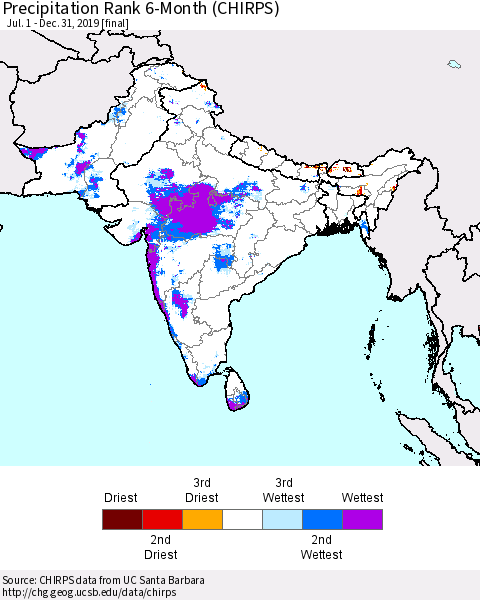 Southern Asia Precipitation Rank since 1981, 6-Month (CHIRPS) Thematic Map For 7/1/2019 - 12/31/2019