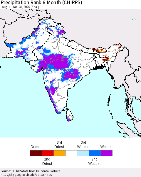 Southern Asia Precipitation Rank since 1981, 6-Month (CHIRPS) Thematic Map For 8/1/2019 - 1/31/2020