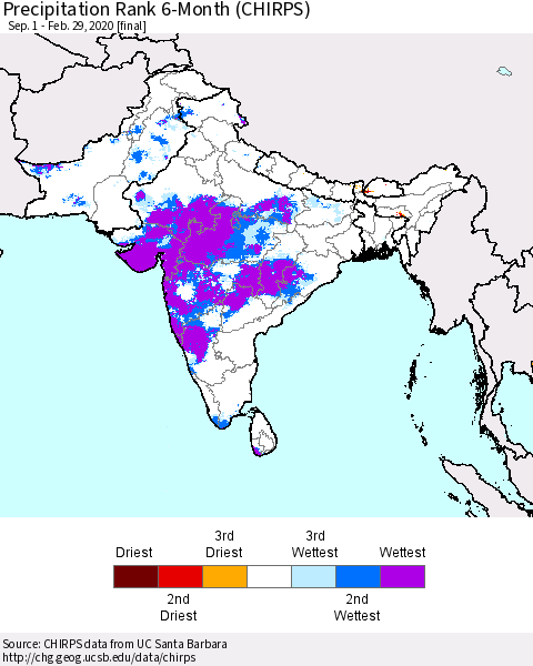 Southern Asia Precipitation Rank since 1981, 6-Month (CHIRPS) Thematic Map For 9/1/2019 - 2/29/2020