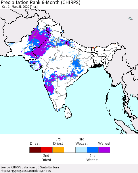Southern Asia Precipitation Rank 6-Month (CHIRPS) Thematic Map For 10/1/2019 - 3/31/2020