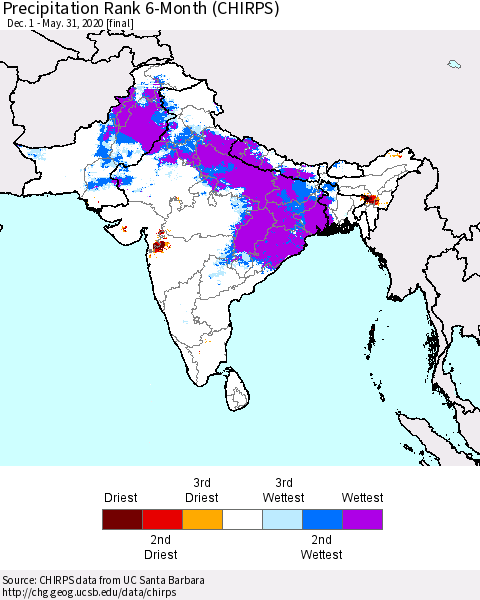 Southern Asia Precipitation Rank since 1981, 6-Month (CHIRPS) Thematic Map For 12/1/2019 - 5/31/2020