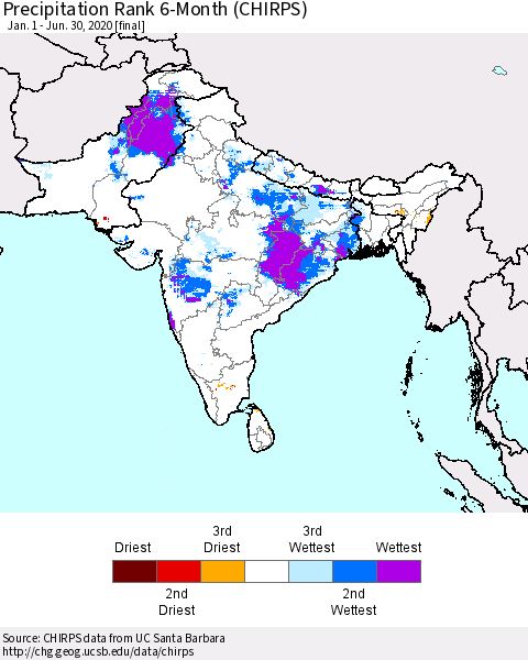 Southern Asia Precipitation Rank 6-Month (CHIRPS) Thematic Map For 1/1/2020 - 6/30/2020