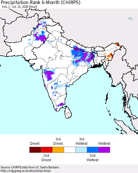 Southern Asia Precipitation Rank since 1981, 6-Month (CHIRPS) Thematic Map For 2/1/2020 - 7/31/2020