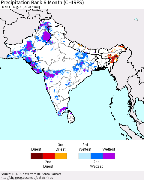 Southern Asia Precipitation Rank since 1981, 6-Month (CHIRPS) Thematic Map For 3/1/2020 - 8/31/2020