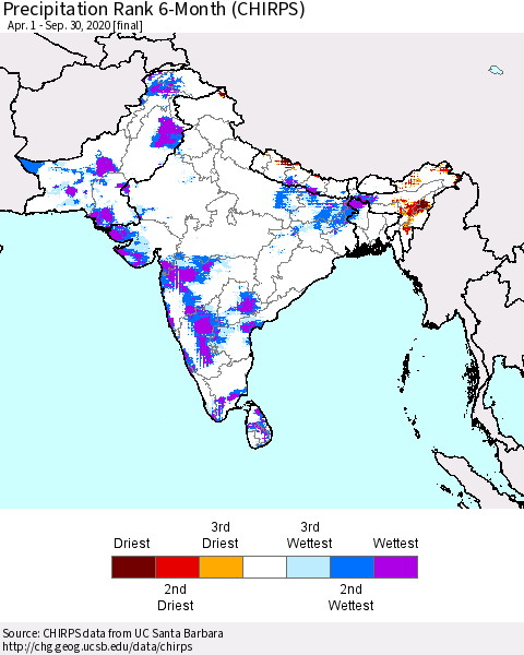 Southern Asia Precipitation Rank 6-Month (CHIRPS) Thematic Map For 4/1/2020 - 9/30/2020