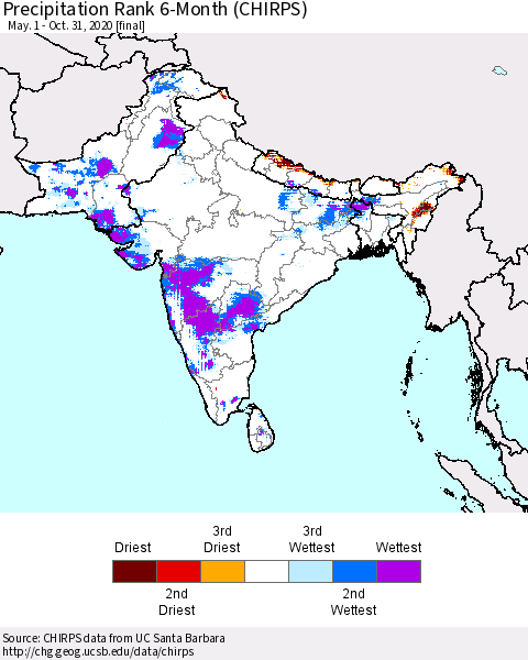 Southern Asia Precipitation Rank since 1981, 6-Month (CHIRPS) Thematic Map For 5/1/2020 - 10/31/2020