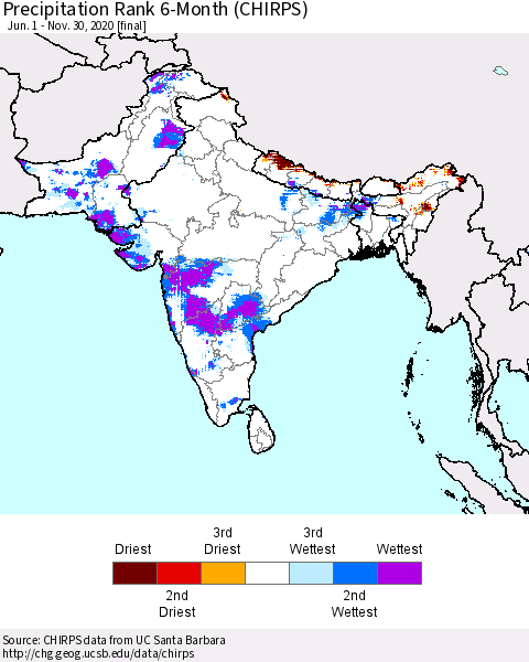 Southern Asia Precipitation Rank since 1981, 6-Month (CHIRPS) Thematic Map For 6/1/2020 - 11/30/2020