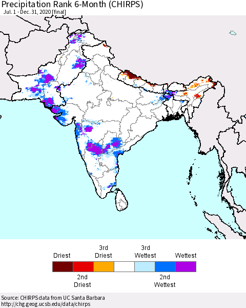 Southern Asia Precipitation Rank 6-Month (CHIRPS) Thematic Map For 7/1/2020 - 12/31/2020