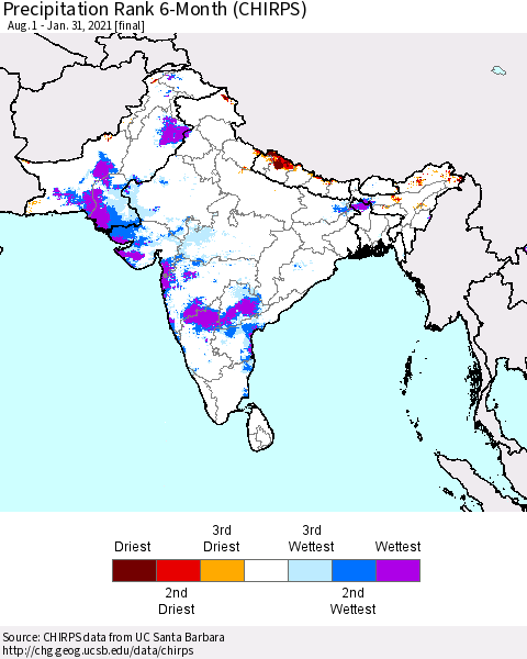 Southern Asia Precipitation Rank 6-Month (CHIRPS) Thematic Map For 8/1/2020 - 1/31/2021