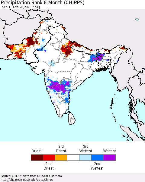 Southern Asia Precipitation Rank since 1981, 6-Month (CHIRPS) Thematic Map For 9/1/2020 - 2/28/2021