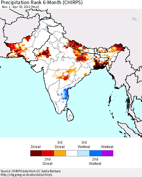 Southern Asia Precipitation Rank 6-Month (CHIRPS) Thematic Map For 11/1/2020 - 4/30/2021