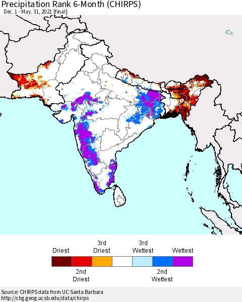 Southern Asia Precipitation Rank 6-Month (CHIRPS) Thematic Map For 12/1/2020 - 5/31/2021
