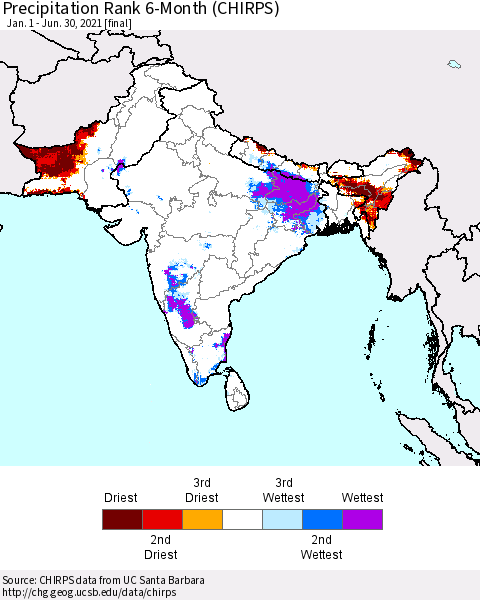 Southern Asia Precipitation Rank 6-Month (CHIRPS) Thematic Map For 1/1/2021 - 6/30/2021