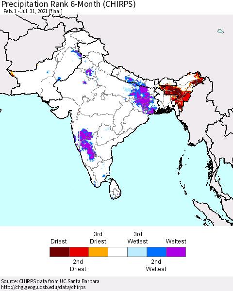 Southern Asia Precipitation Rank 6-Month (CHIRPS) Thematic Map For 2/1/2021 - 7/31/2021