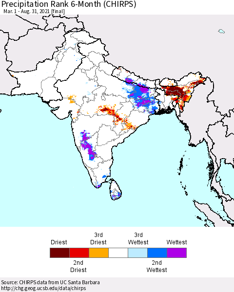 Southern Asia Precipitation Rank since 1981, 6-Month (CHIRPS) Thematic Map For 3/1/2021 - 8/31/2021