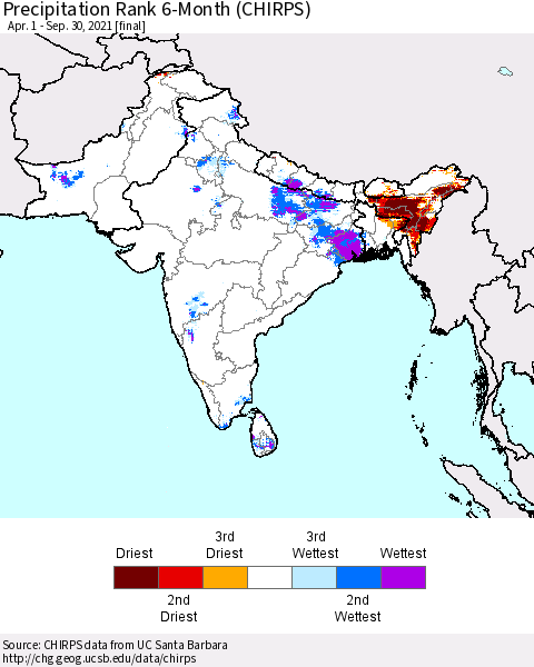 Southern Asia Precipitation Rank 6-Month (CHIRPS) Thematic Map For 4/1/2021 - 9/30/2021