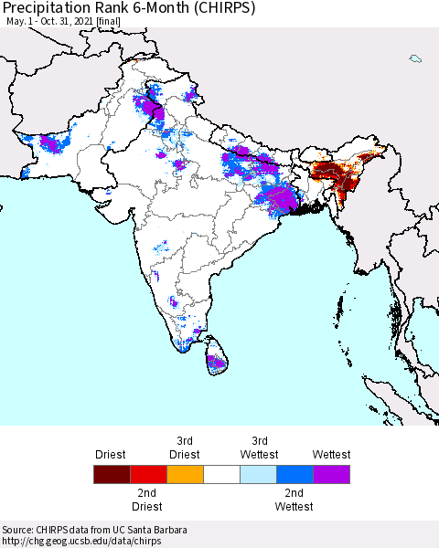 Southern Asia Precipitation Rank 6-Month (CHIRPS) Thematic Map For 5/1/2021 - 10/31/2021