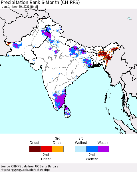 Southern Asia Precipitation Rank since 1981, 6-Month (CHIRPS) Thematic Map For 6/1/2021 - 11/30/2021