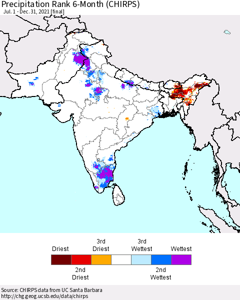 Southern Asia Precipitation Rank 6-Month (CHIRPS) Thematic Map For 7/1/2021 - 12/31/2021