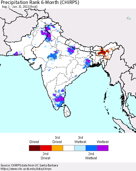 Southern Asia Precipitation Rank 6-Month (CHIRPS) Thematic Map For 8/1/2021 - 1/31/2022