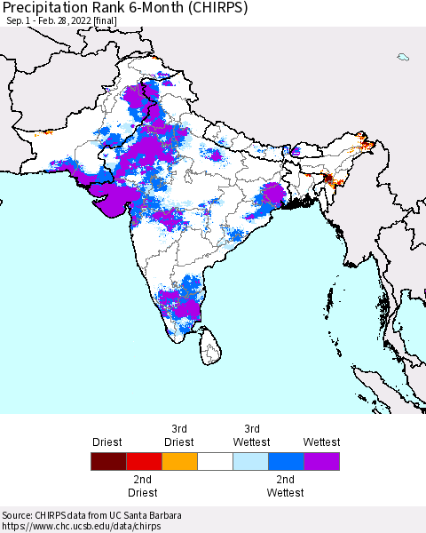 Southern Asia Precipitation Rank 6-Month (CHIRPS) Thematic Map For 9/1/2021 - 2/28/2022