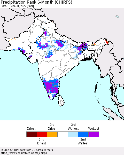 Southern Asia Precipitation Rank since 1981, 6-Month (CHIRPS) Thematic Map For 10/1/2021 - 3/31/2022