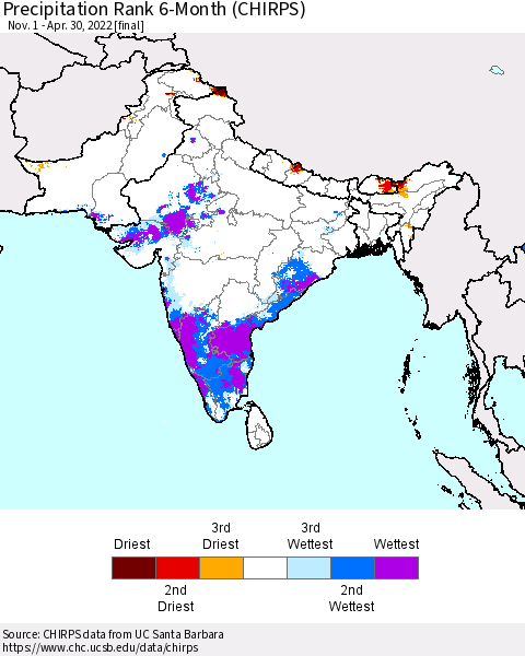 Southern Asia Precipitation Rank since 1981, 6-Month (CHIRPS) Thematic Map For 11/1/2021 - 4/30/2022