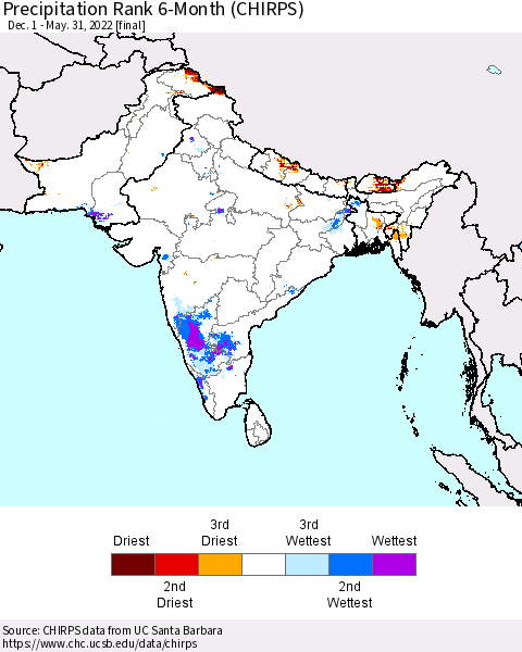 Southern Asia Precipitation Rank since 1981, 6-Month (CHIRPS) Thematic Map For 12/1/2021 - 5/31/2022