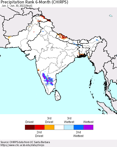 Southern Asia Precipitation Rank since 1981, 6-Month (CHIRPS) Thematic Map For 1/1/2022 - 6/30/2022