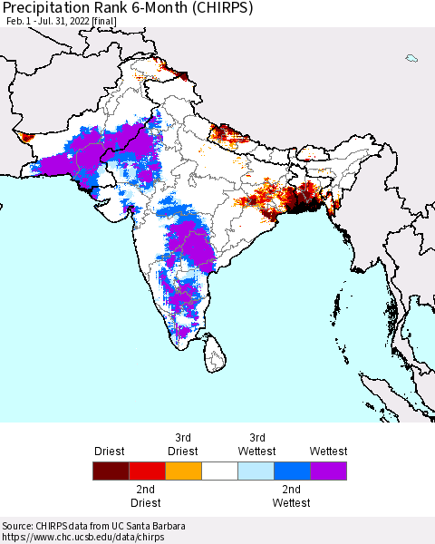 Southern Asia Precipitation Rank since 1981, 6-Month (CHIRPS) Thematic Map For 2/1/2022 - 7/31/2022