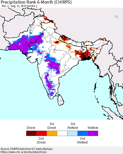 Southern Asia Precipitation Rank since 1981, 6-Month (CHIRPS) Thematic Map For 3/1/2022 - 8/31/2022