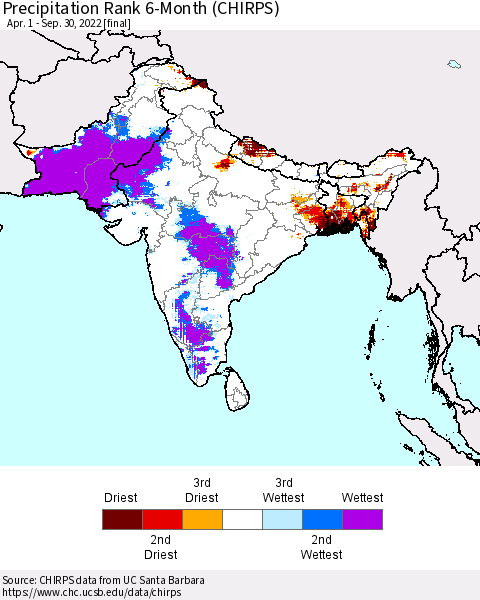 Southern Asia Precipitation Rank since 1981, 6-Month (CHIRPS) Thematic Map For 4/1/2022 - 9/30/2022