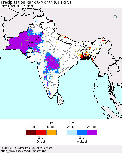 Southern Asia Precipitation Rank since 1981, 6-Month (CHIRPS) Thematic Map For 5/1/2022 - 10/31/2022